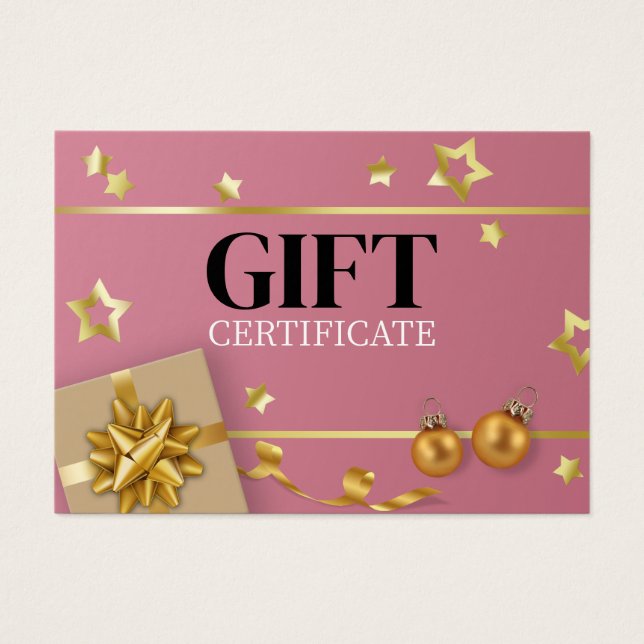 Pink Gold Christmas Ball Stars Ribbon Gift Card (Front)