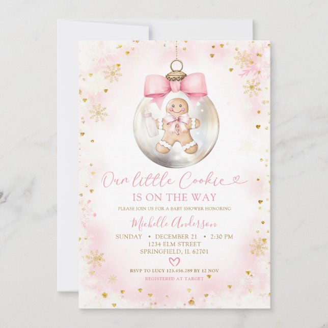 Pink Gold Christmas Baubles Cookie Baby Shower Invitation (Front)