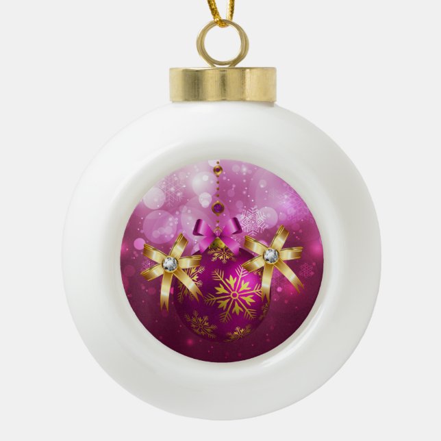 Pink & Gold Christmas Ceramic Ball Christmas Ornament (Front)