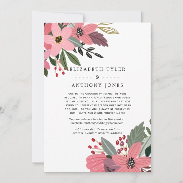 Pink & Gold Christmas Floral Reduced Wedding Guest Announcement (Front)