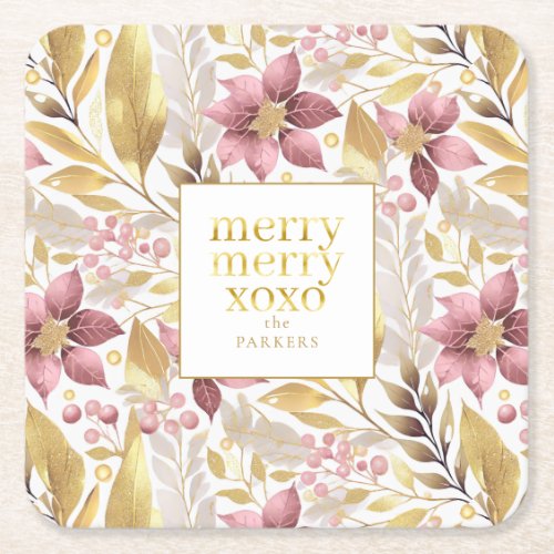 Pink Gold Christmas Merry Pattern21 ID1009 Square Paper Coaster