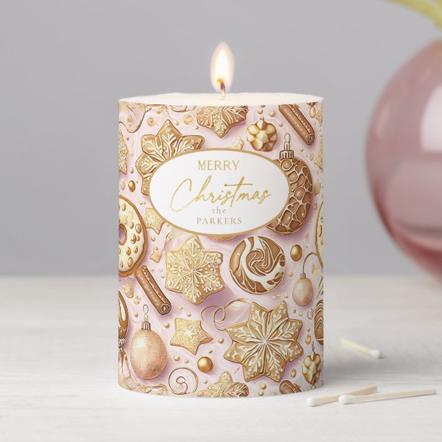 Pink Gold Christmas Pattern#12 ID1009 Pillar Candle (In Situ)