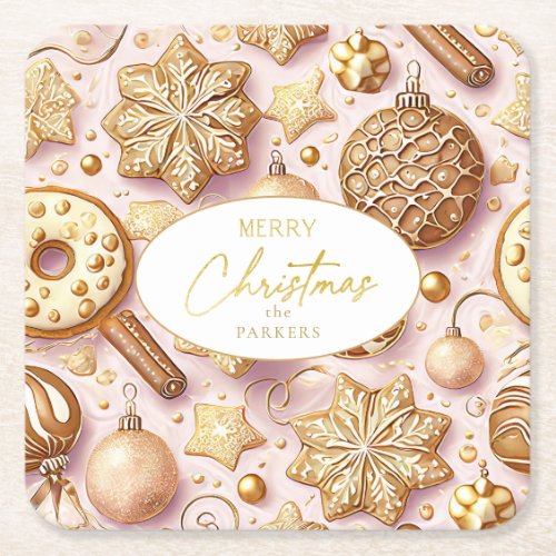 Pink Gold Christmas Pattern12 ID1009 Square Paper Coaster
