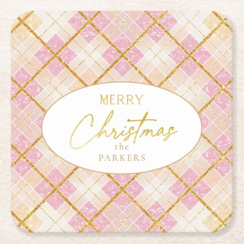Pink Gold Christmas Pattern28 ID1009 Square Paper Coaster