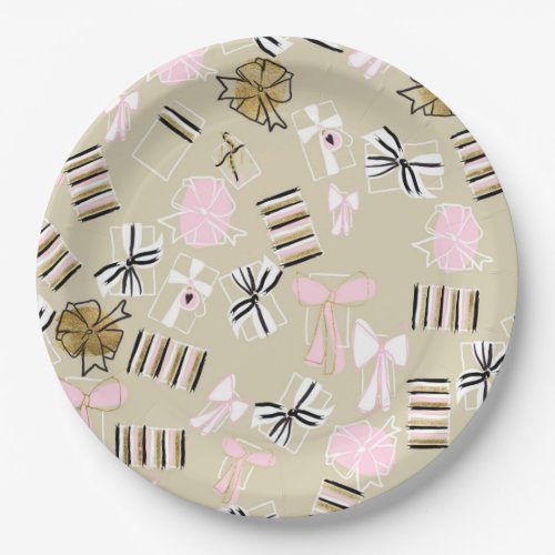 Pink  Gold Christmas Presents Patten Paper Plates