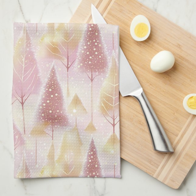 Pink Gold Christmas Reindeer Pattern#13 ID1009 Kitchen Towel (Quarter Fold)