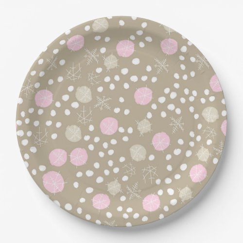 Pink  Gold Christmas Snow Pattern Paper Plates