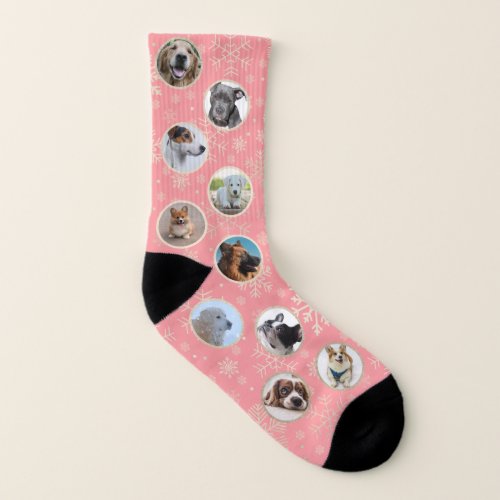 Pink Gold Christmas Snowflake Pattern Pet Photo Socks