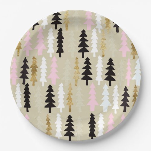 Pink  Gold Christmas Tree Patten Paper Plates