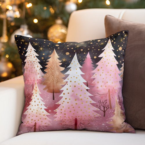 Pink Gold Christmas Trees Snowflakes Night Sky Throw Pillow
