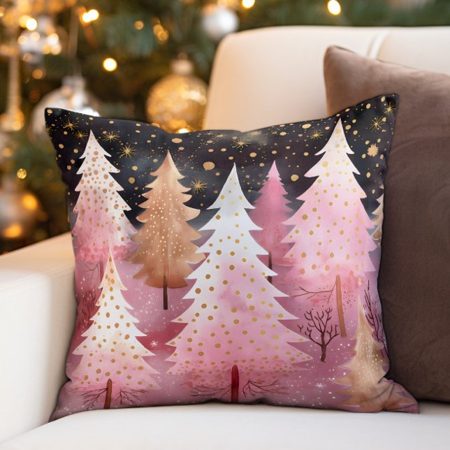 Pink Gold Christmas Trees Snowflakes Night Sky Throw Pillow (Pink Christmas trees and gold snowflakes on black holiday decorator pillow)