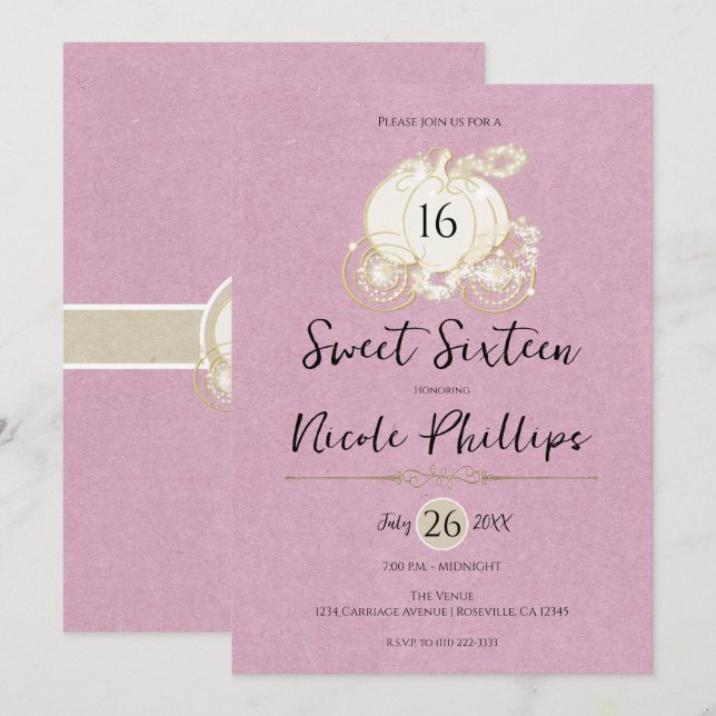 Pink Gold Cinderella Carriage Sweet 16 Party Invitation (Front/Back)