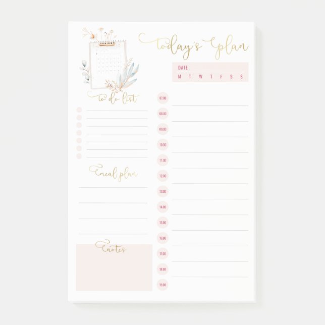 Pink Gold Clipboard Daily Planning To Do List  Post-it Notes (Front)