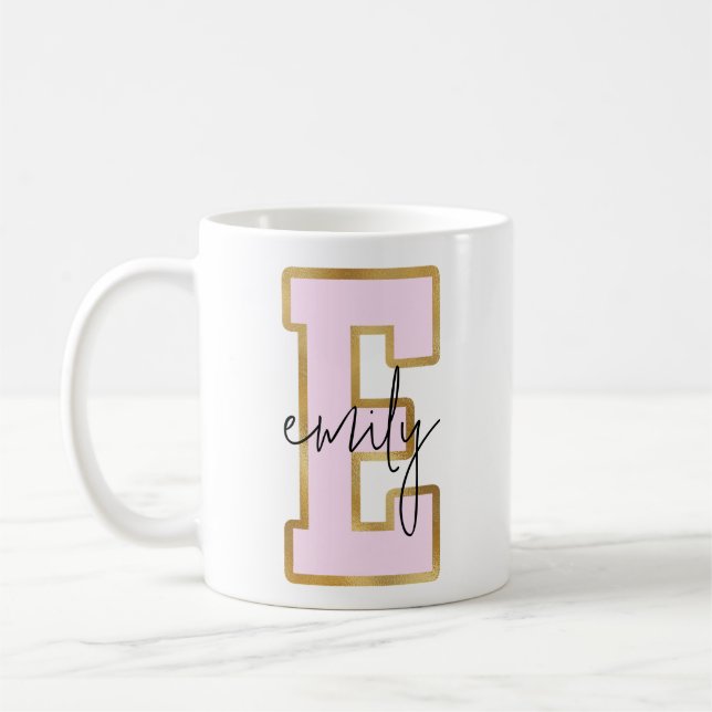 Pink Gold College Varsity Letter Monogram E Coffee Mug (Left)