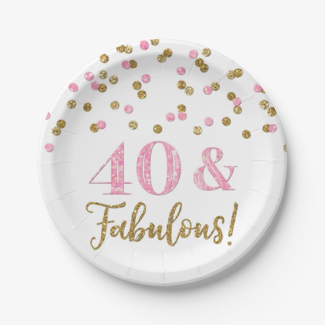 Pink Gold Confetti 40 and Fabulous Birthday Paper Plates (Front)