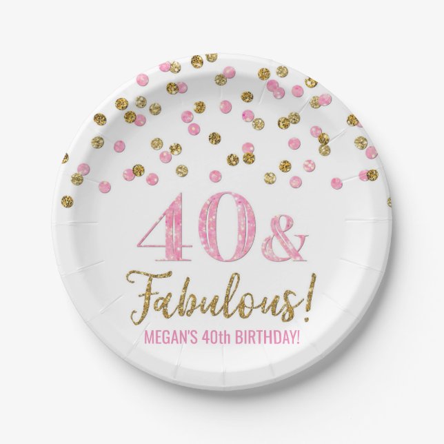 Pink Gold Confetti 40 and Fabulous Birthday Paper Plates (Front)