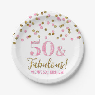 Pink Gold Confetti 50 and Fabulous Birthday Paper Plates