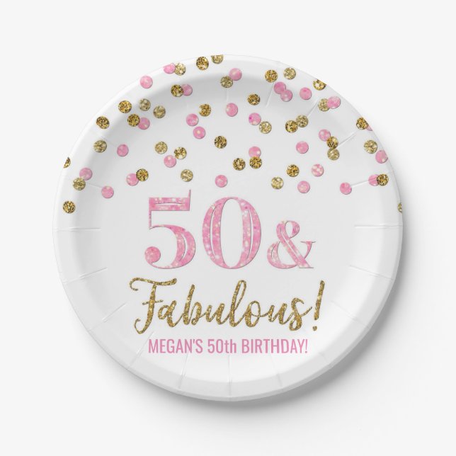 Pink Gold Confetti 50 and Fabulous Birthday Paper Plates (Front)
