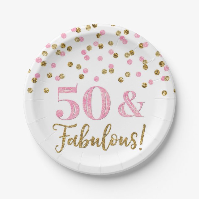 Pink Gold Confetti 50 and Fabulous Birthday Paper Plates (Front)