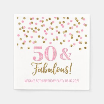 Pink Gold Confetti 50 & Fabulous Birthday Napkins by DreamingMindCards at Zazzle