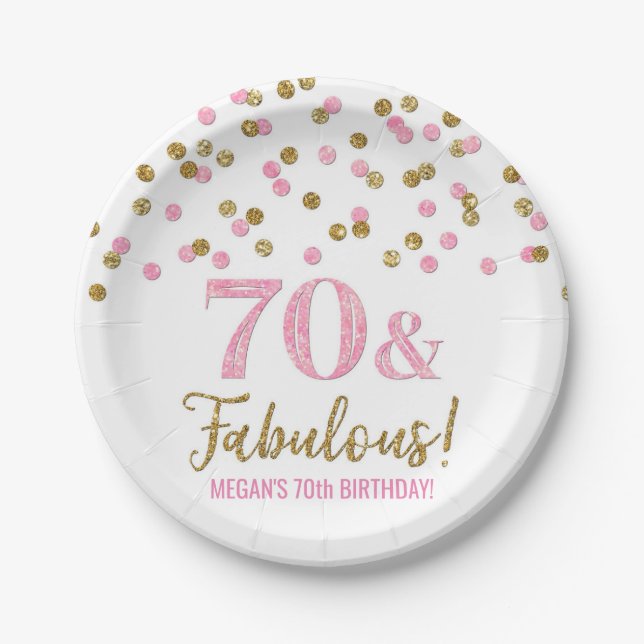 Pink Gold Confetti 70 and Fabulous Birthday Paper Plates (Front)