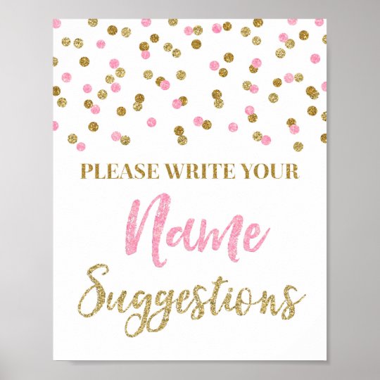 Pink Gold Confetti Baby Shower Name Suggestions Poster Zazzle Com