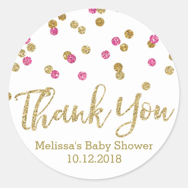 Pink Gold Confetti Baby Shower Thank You Sticker (Front)