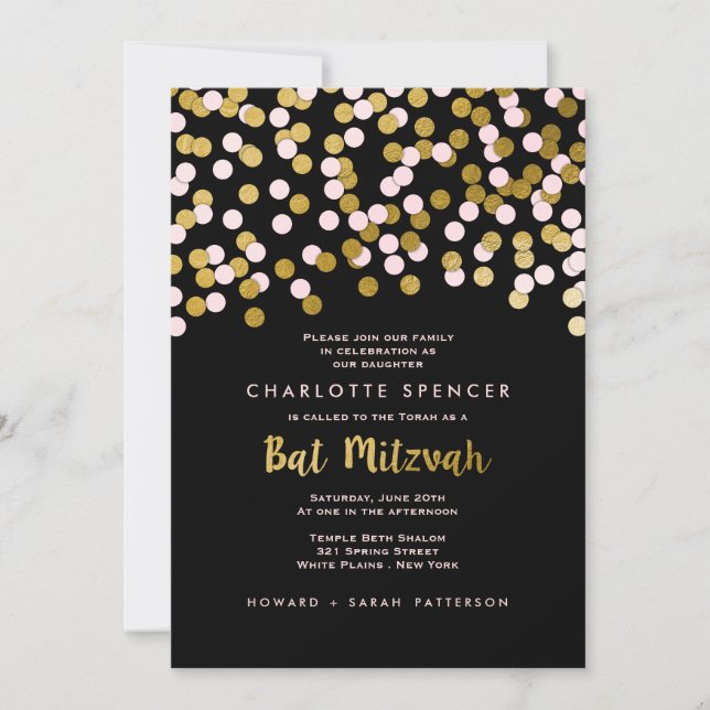 Pink | Gold Confetti Bat Mitzvah Celebration Invitation (Front)