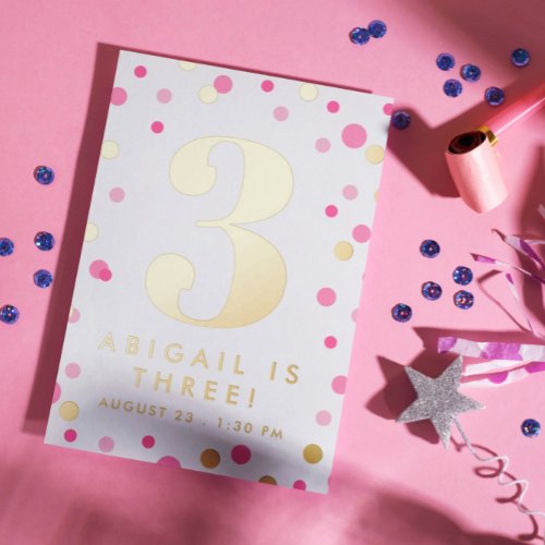 Pink  Gold Confetti Big Number Girl Birthday Foil Invitation Postcard