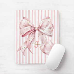 Pink Gold Confetti Bow Monogram Name Mouse Pad