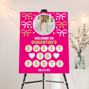Pink Gold Confetti Bow Photo Sweet 16 Welcome Foam Board