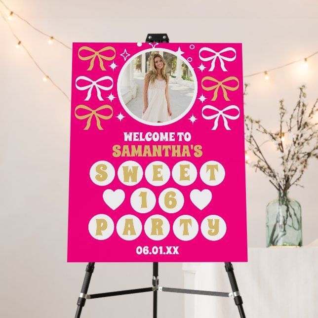 Pink Gold Confetti Bow Photo Sweet 16 Welcome Foam Board (In Situ (Stand))