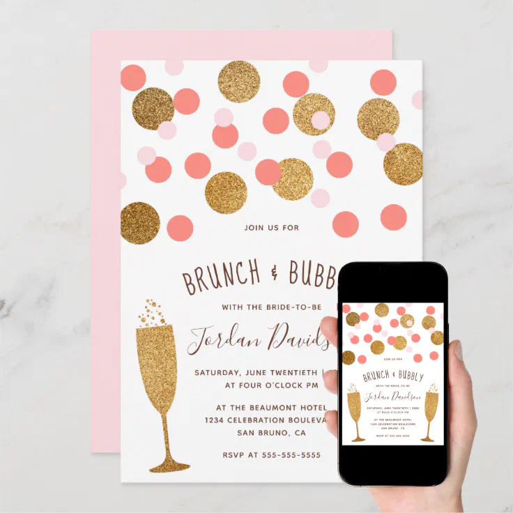 Pink & Gold Confetti Brunch & Bubbly Invitations Zazzle