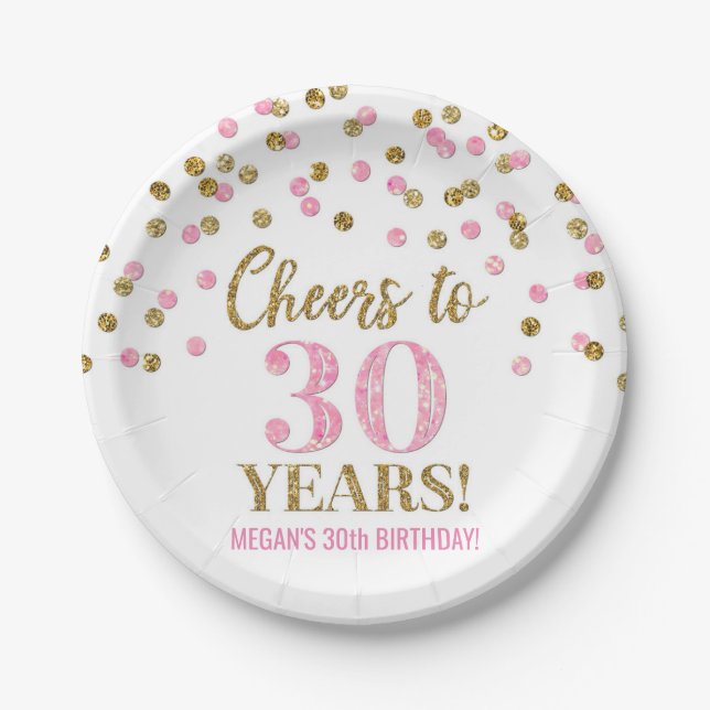 Pink Gold Confetti Cheers to 30 Years Birthday Paper Plates (Front)