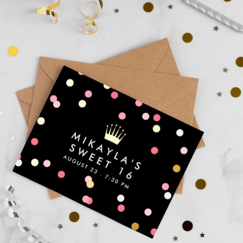 Pink  Gold Confetti Crown Sweet 16 Birthday Party Foil Invitation Postcard