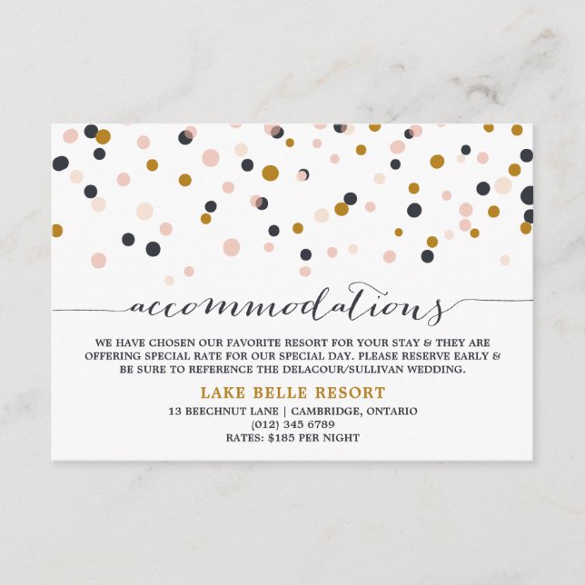 Pink & Gold Confetti Dots Accommodations Card (Front)