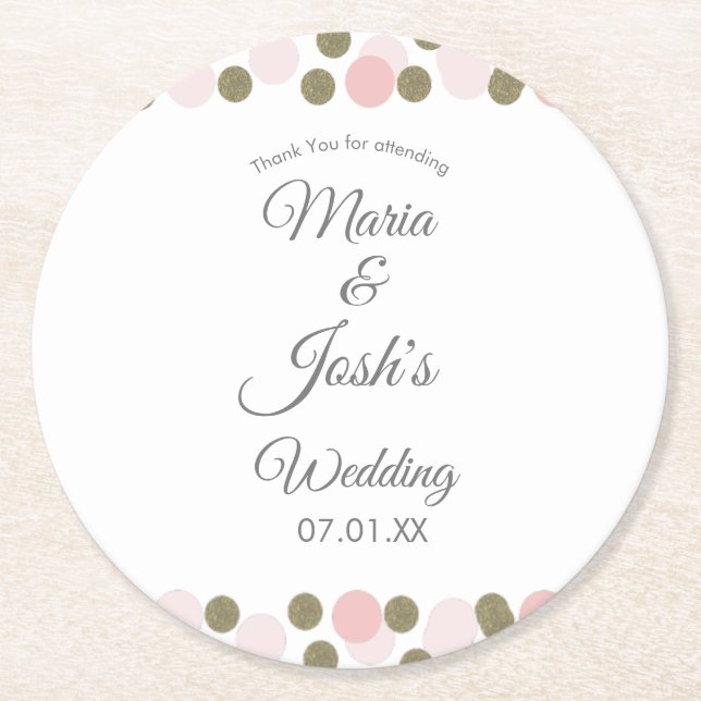 Pink Gold Confetti Dots Border Wedding    Round Paper Coaster (Front)