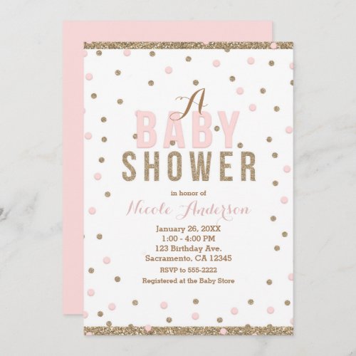 Pink  Gold Confetti Dots Girls Baby Shower Invitation