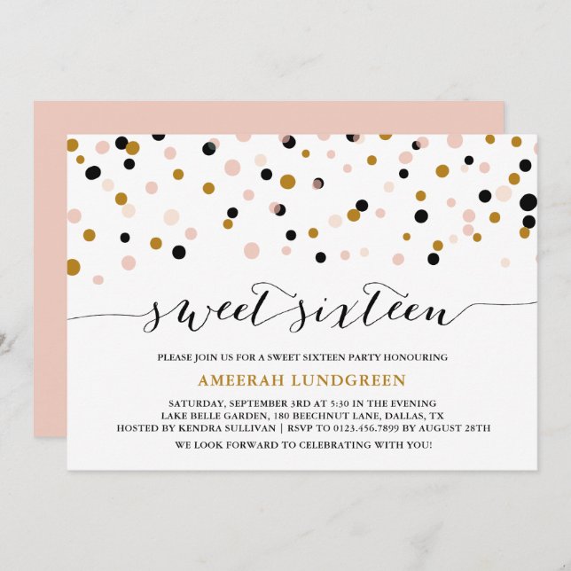 Pink & Gold Confetti Dots Sweet Sixteen Invitation (Front/Back)