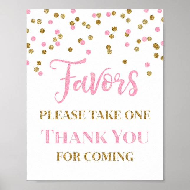 Pink Gold Confetti Favors Baby Shower Sign (Front)