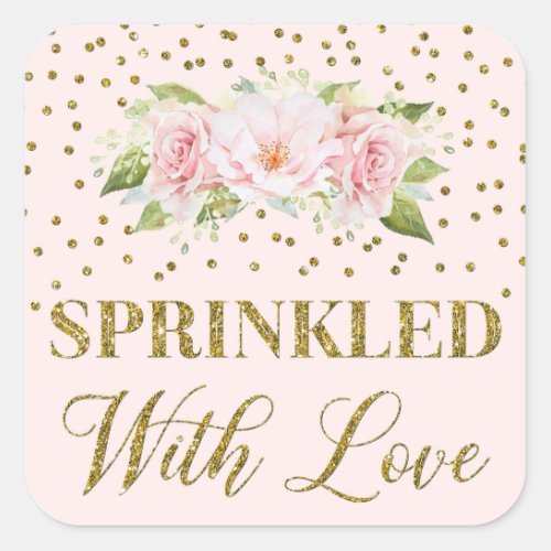 Pink Gold Confetti Flowers Sprinkled with Love Square Sticker