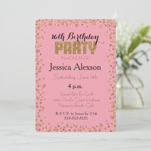 Pink Gold Confetti Glitter 16th Birthday Invitation (Standing Front)