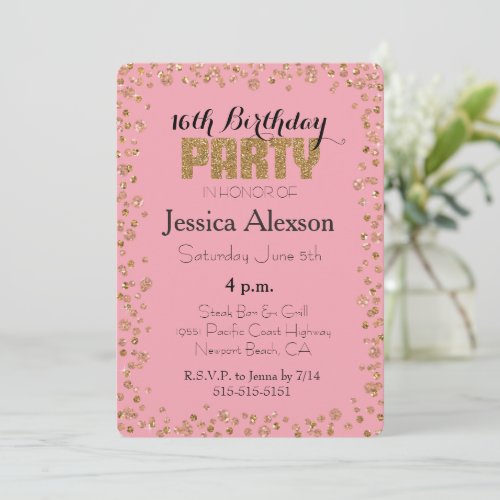 Pink Gold Confetti Glitter 16th Birthday Invitation