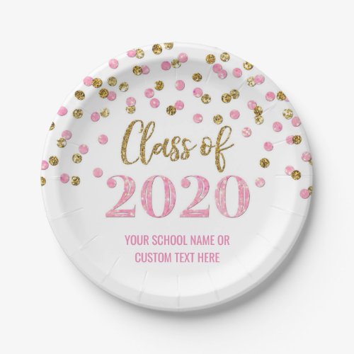 Pink Gold Confetti Graduation 2020 Paper Plates