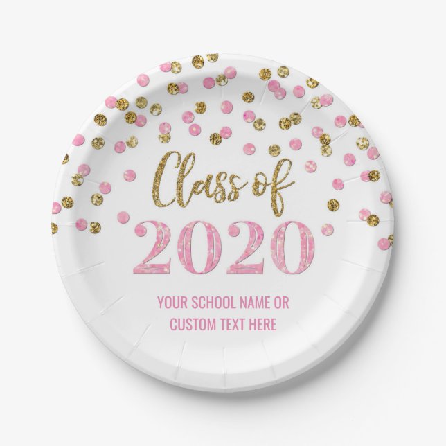 Pink Gold Confetti Graduation 2020 Paper Plates (Front)