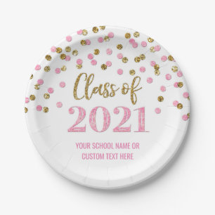 Pink Gold Confetti Graduation 2021 Paper Plates