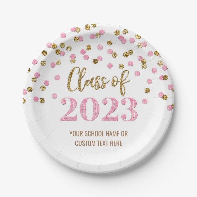 Pink Gold Confetti Graduation 2023 Paper Plates (Front)