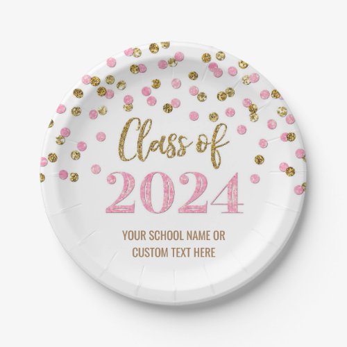 Pink Gold Confetti Graduation 2024 Paper Plates