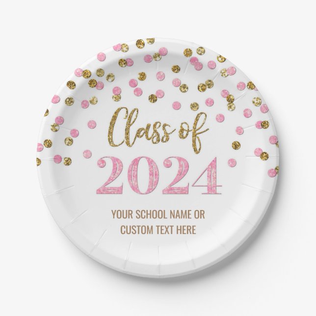 Pink Gold Confetti Graduation 2024 Paper Plates (Front)