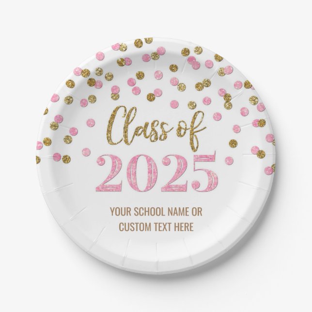 Pink Gold Confetti Graduation 2025 Paper Plates (Front)